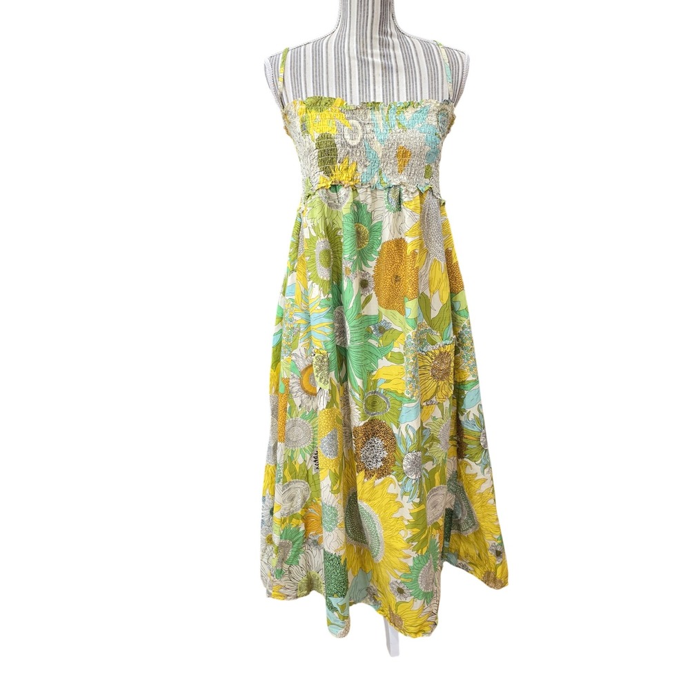 70s Handmade Sunflower Maxi Dress Med/Lrg Smocked Lined Boho Cottagecore Floral